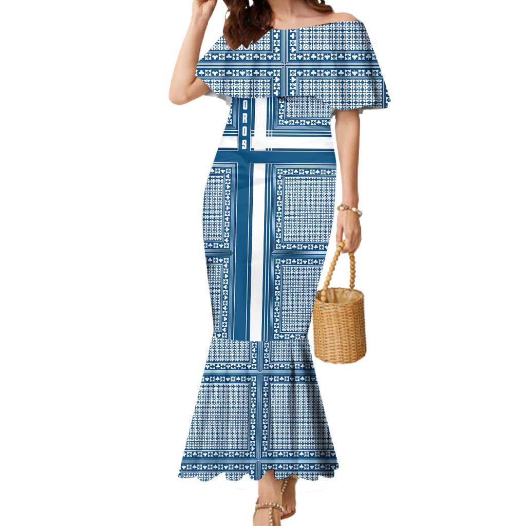Comoros Mermaid Dress with Blue and White Traditional Geometric Pattern and National Flag Detail
