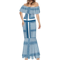 Comoros Mermaid Dress with Blue and White Traditional Geometric Pattern and National Flag Detail