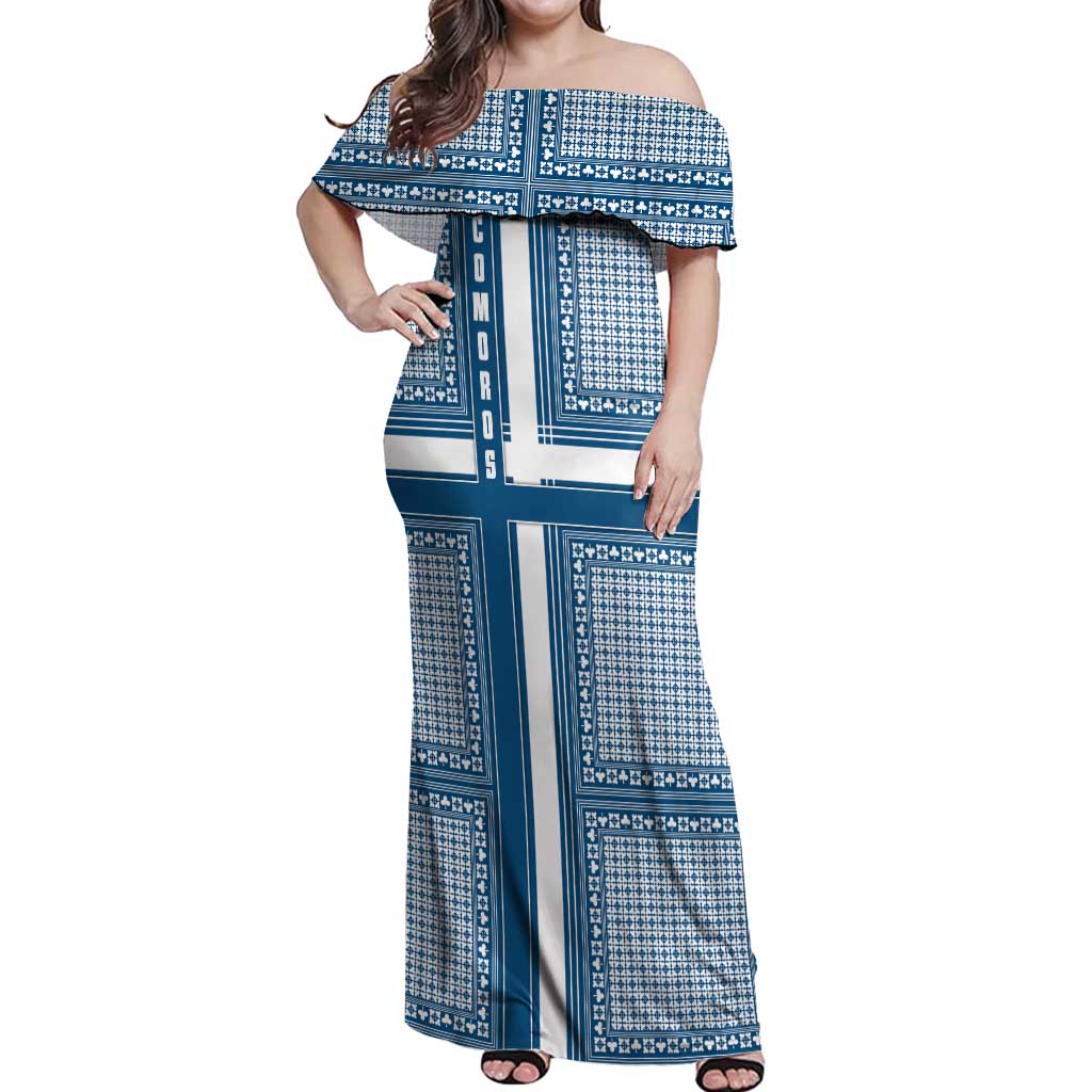 Comoros Off Shoulder Maxi Dress with Blue and White Traditional Geometric Pattern and National Flag Detail
