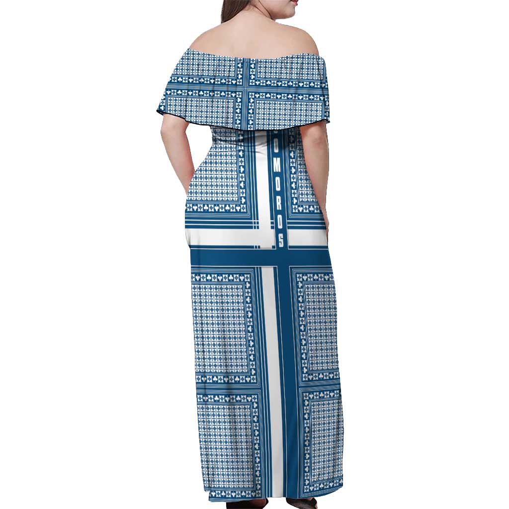 Comoros Off Shoulder Maxi Dress with Blue and White Traditional Geometric Pattern and National Flag Detail