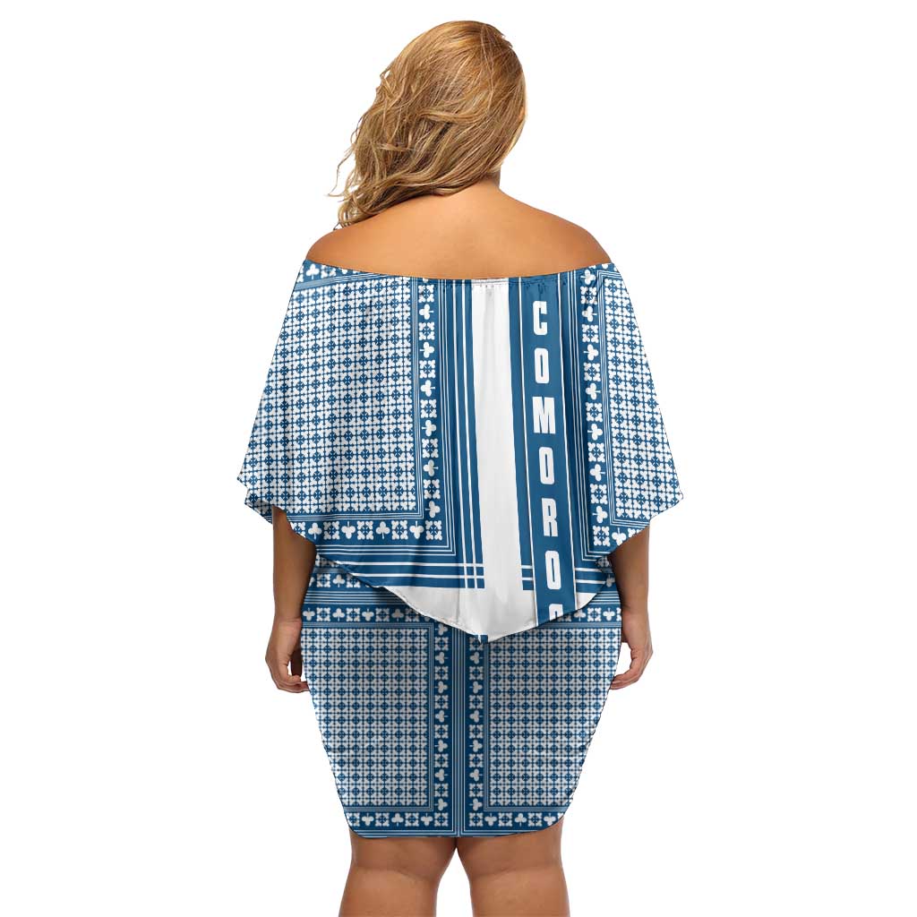 Comoros Off Shoulder Short Dress with Blue and White Traditional Geometric Pattern and National Flag Detail