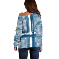 Comoros Off Shoulder Sweater with Blue and White Traditional Geometric Pattern and National Flag Detail