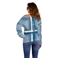 Comoros Off Shoulder Sweater with Blue and White Traditional Geometric Pattern and National Flag Detail