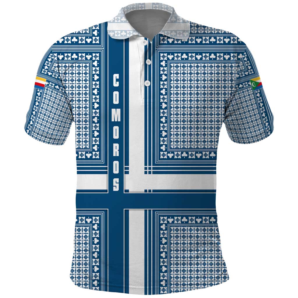 Comoros Polo Shirt with Blue and White Traditional Geometric Pattern and National Flag Detail