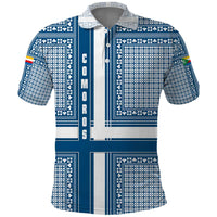 Comoros Polo Shirt with Blue and White Traditional Geometric Pattern and National Flag Detail
