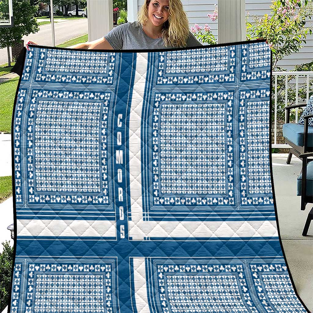 Comoros Quilt with Blue and White Traditional Geometric Pattern and National Flag Detail