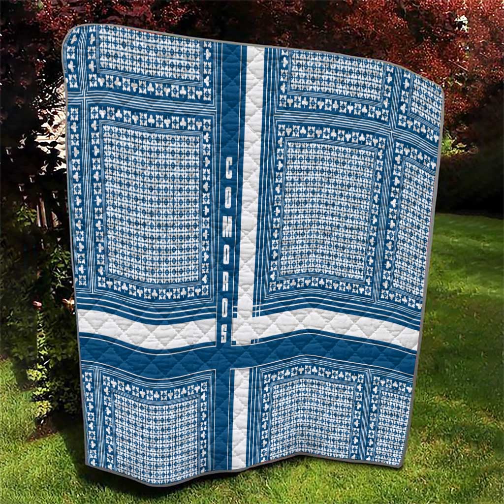 Comoros Quilt with Blue and White Traditional Geometric Pattern and National Flag Detail