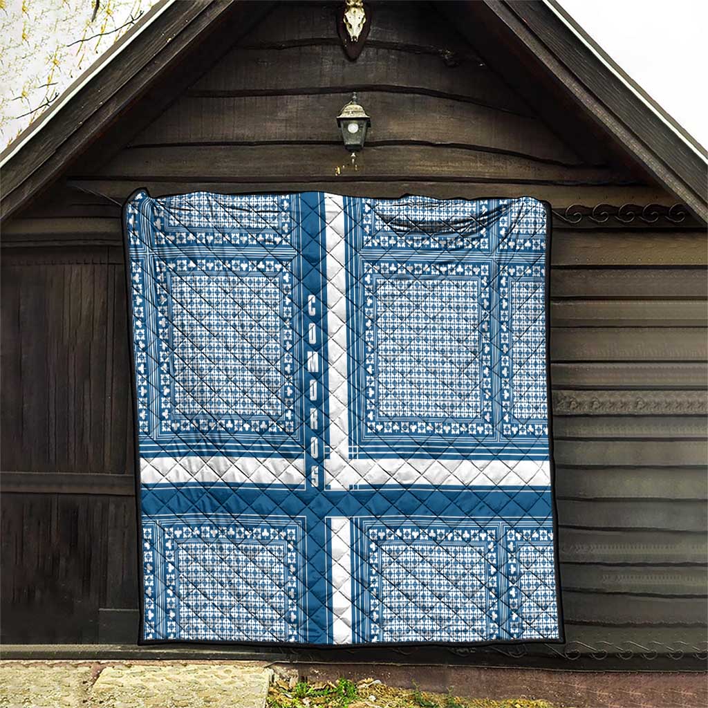 Comoros Quilt with Blue and White Traditional Geometric Pattern and National Flag Detail