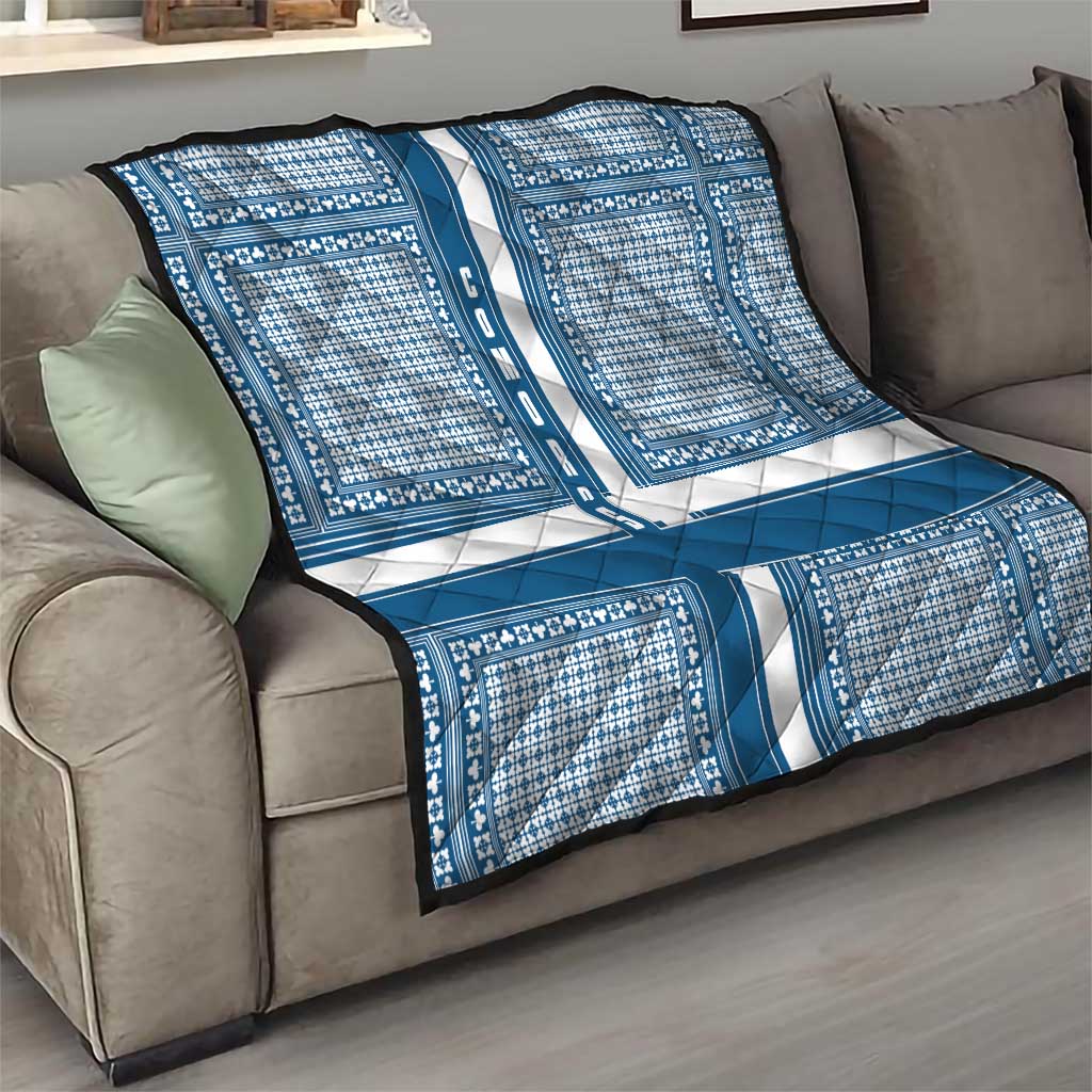Comoros Quilt with Blue and White Traditional Geometric Pattern and National Flag Detail