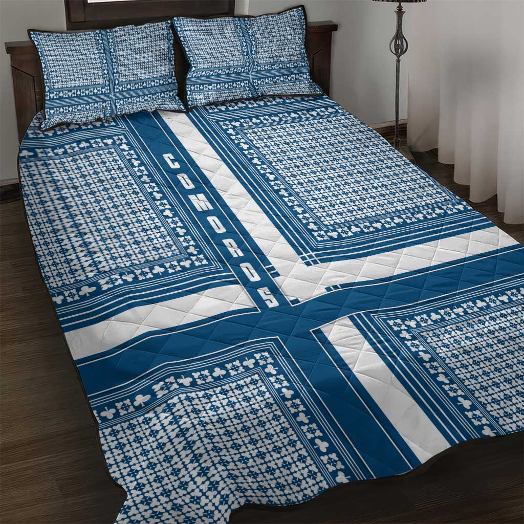 Comoros Quilt Bed Set with Blue and White Traditional Geometric Pattern and National Flag Detail