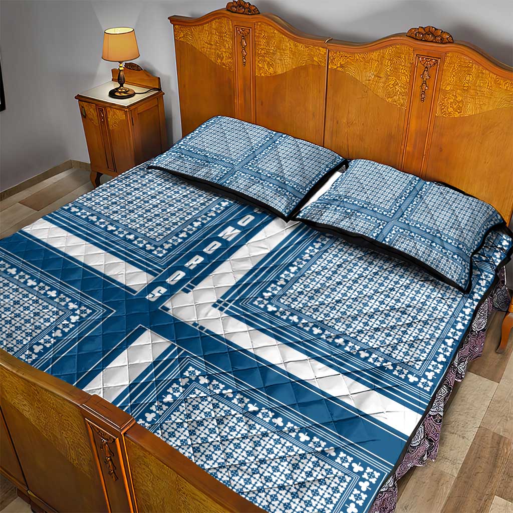 Comoros Quilt Bed Set with Blue and White Traditional Geometric Pattern and National Flag Detail