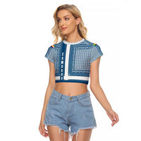 Comoros Raglan Cropped T Shirt with Blue and White Traditional Geometric Pattern and National Flag Detail