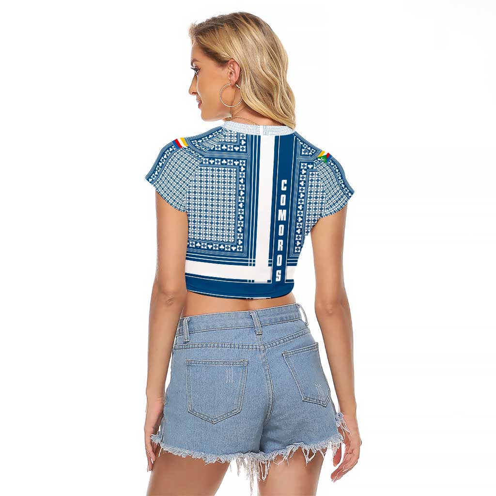 Comoros Raglan Cropped T Shirt with Blue and White Traditional Geometric Pattern and National Flag Detail