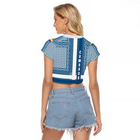 Comoros Raglan Cropped T Shirt with Blue and White Traditional Geometric Pattern and National Flag Detail