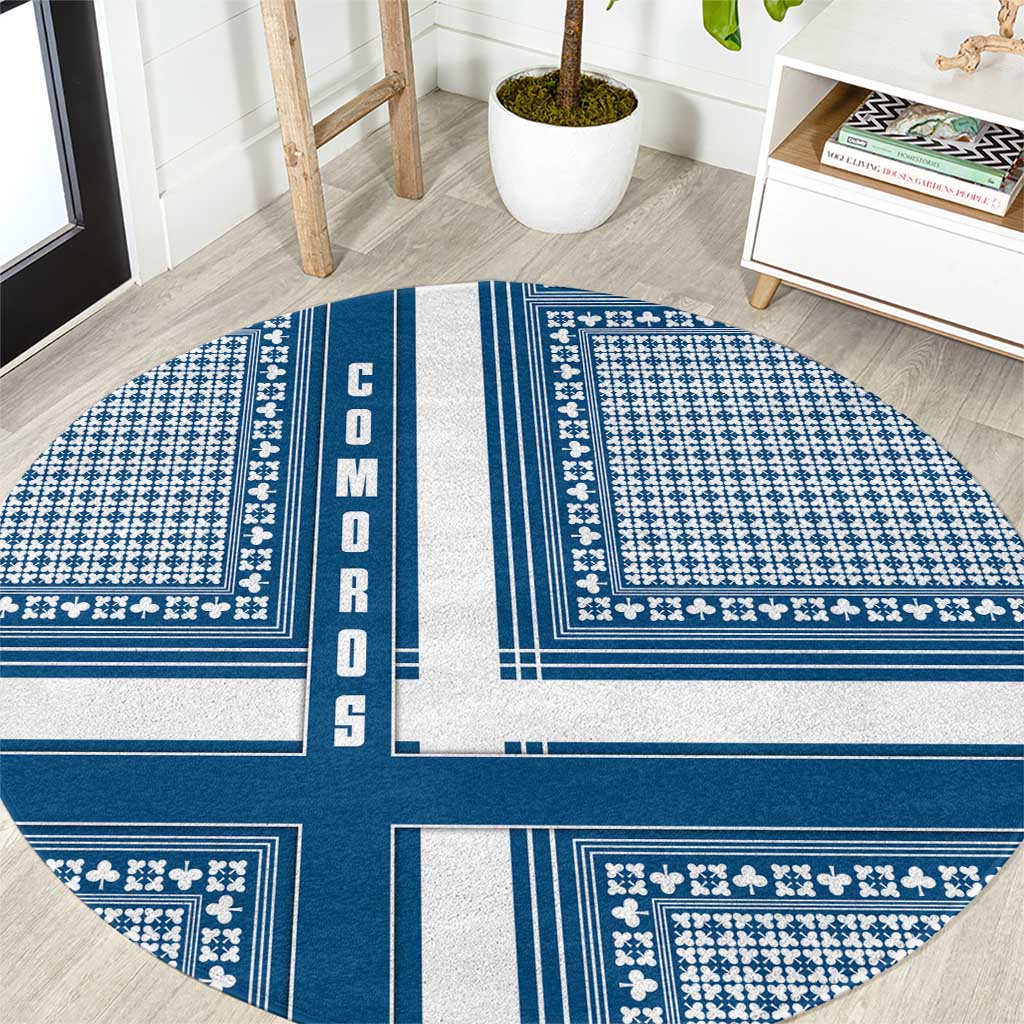Comoros Round Carpet with Blue and White Traditional Geometric Pattern and National Flag Detail