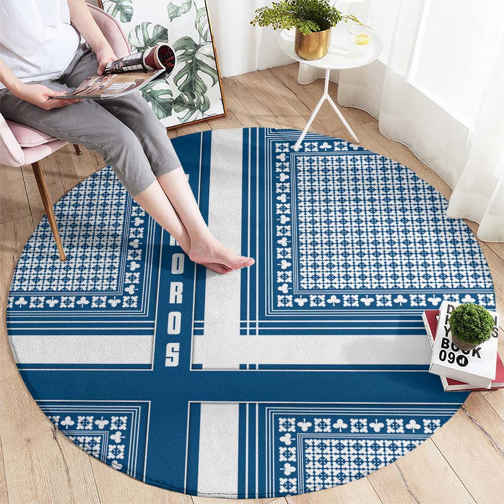 Comoros Round Carpet with Blue and White Traditional Geometric Pattern and National Flag Detail