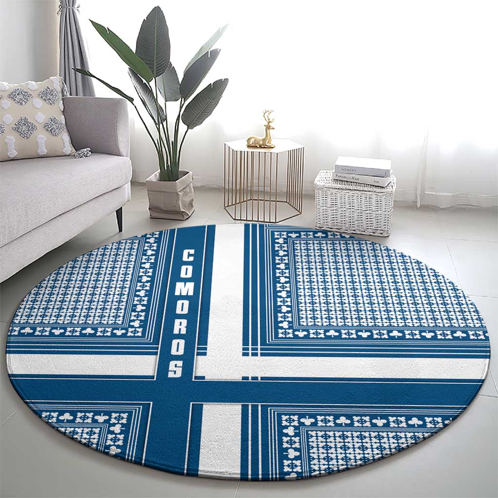 Comoros Round Carpet with Blue and White Traditional Geometric Pattern and National Flag Detail