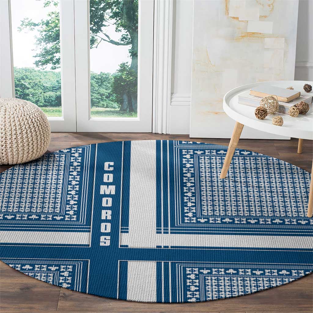 Comoros Round Carpet with Blue and White Traditional Geometric Pattern and National Flag Detail