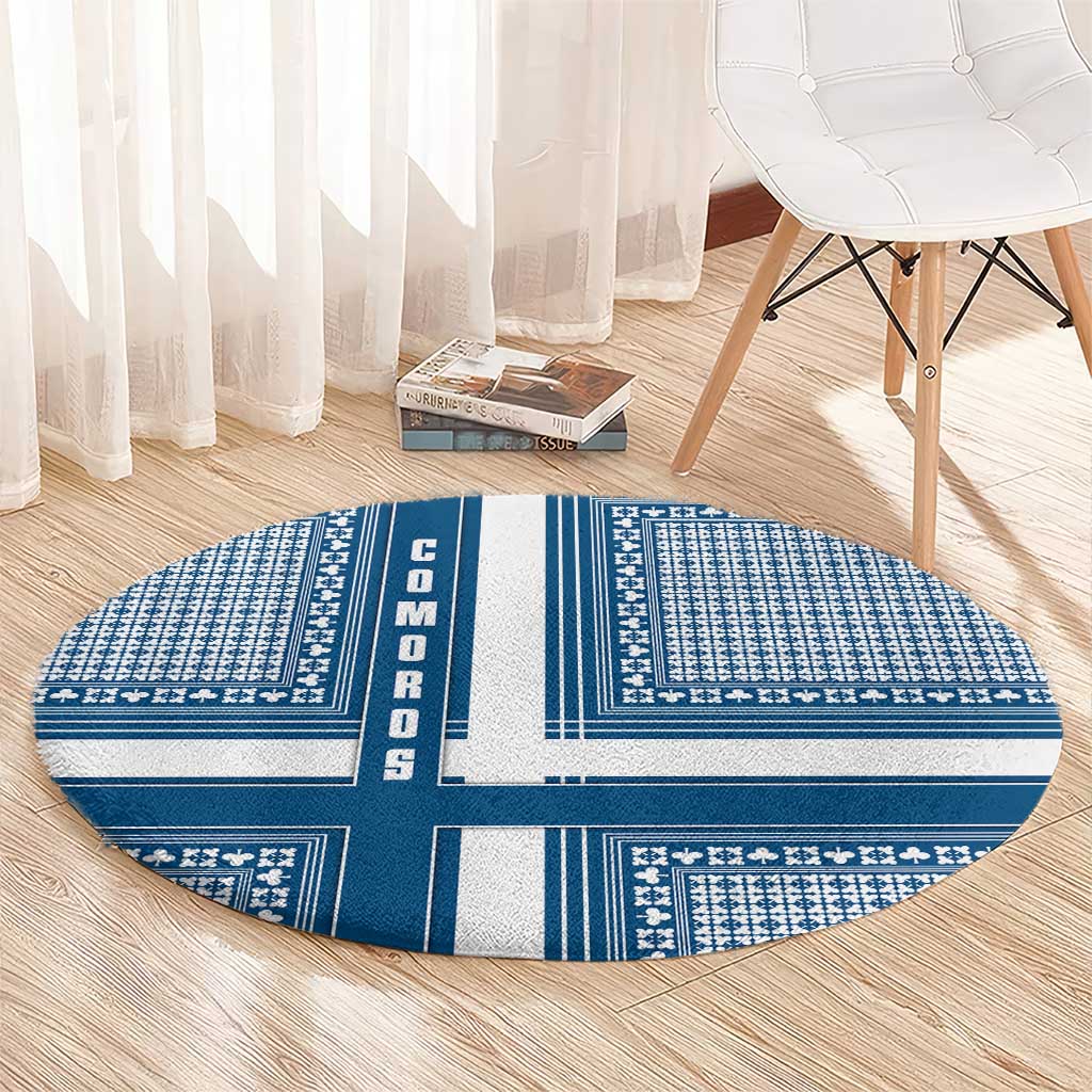 Comoros Round Carpet with Blue and White Traditional Geometric Pattern and National Flag Detail