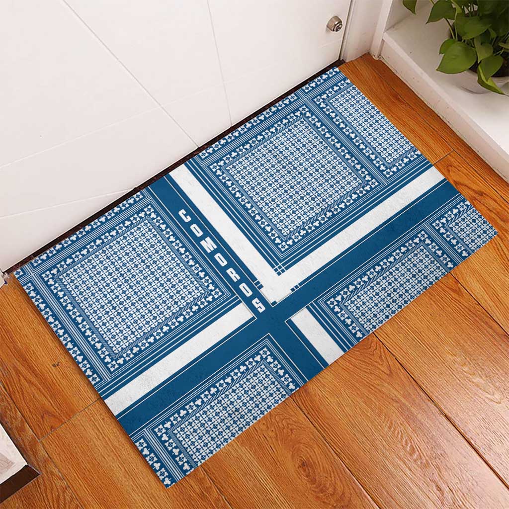 Comoros Rubber Doormat with Blue and White Traditional Geometric Pattern and National Flag Detail