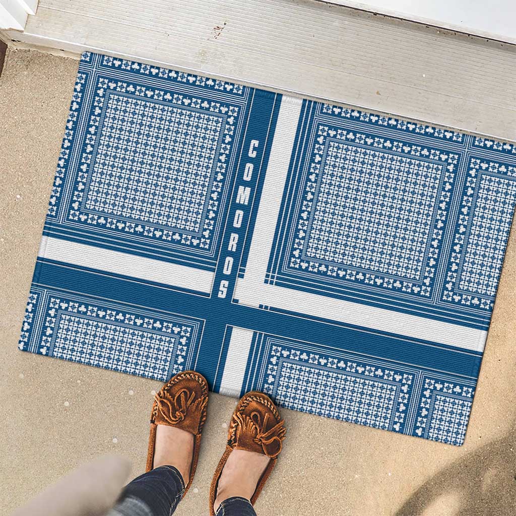 Comoros Rubber Doormat with Blue and White Traditional Geometric Pattern and National Flag Detail