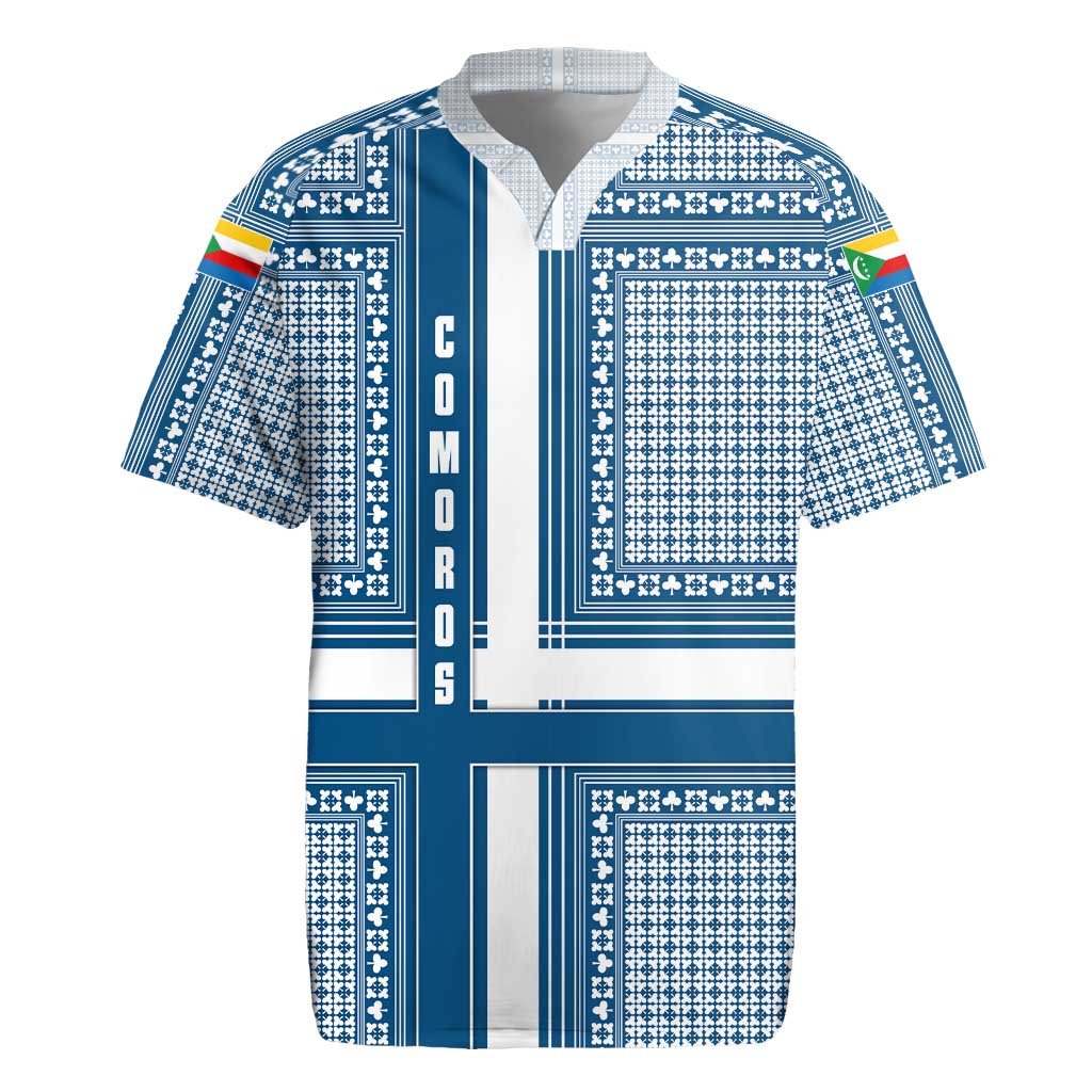 Comoros Rugby Jersey with Blue and White Traditional Geometric Pattern and National Flag Detail
