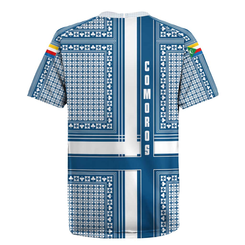 Comoros Rugby Jersey with Blue and White Traditional Geometric Pattern and National Flag Detail