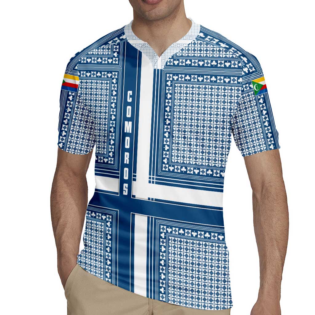 Comoros Rugby Jersey with Blue and White Traditional Geometric Pattern and National Flag Detail