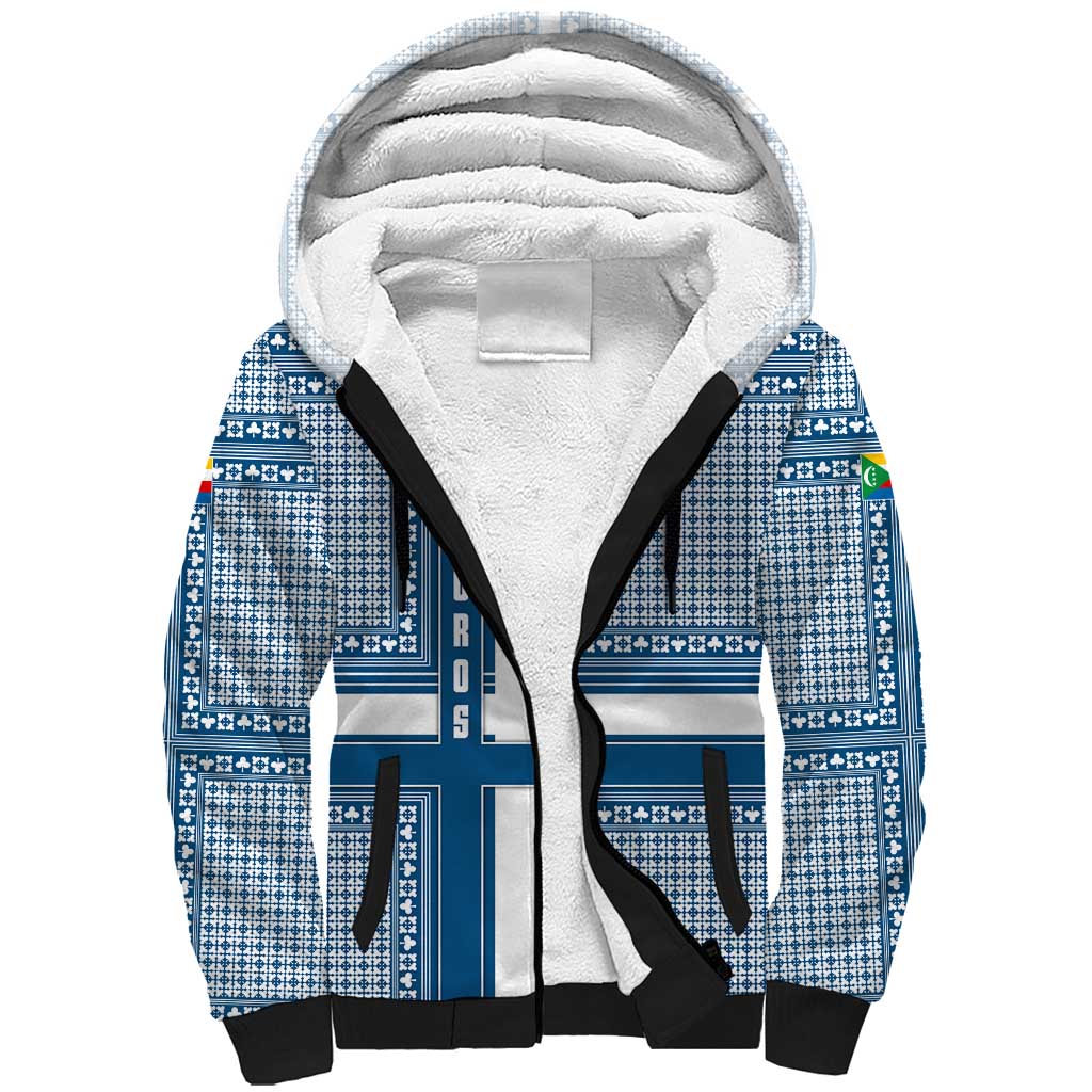 Comoros Sherpa Hoodie with Blue and White Traditional Geometric Pattern and National Flag Detail