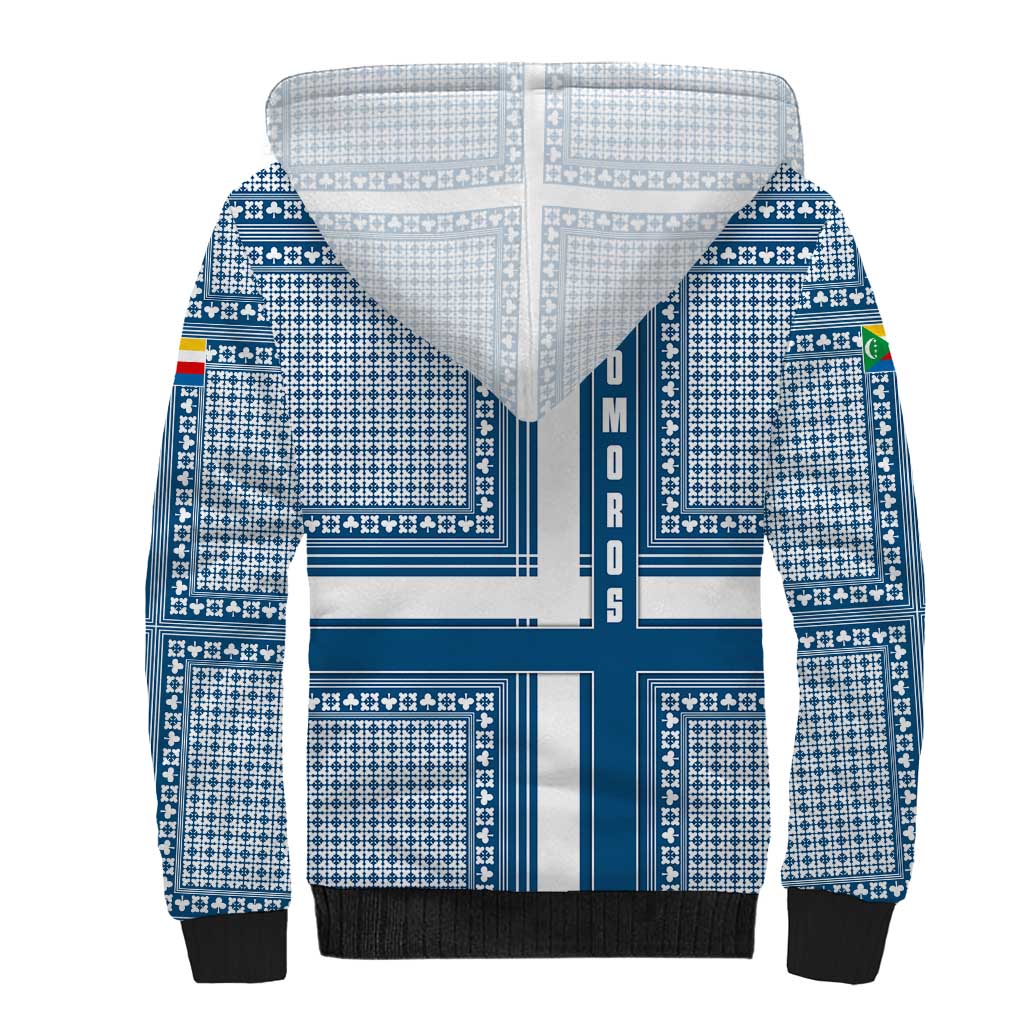 Comoros Sherpa Hoodie with Blue and White Traditional Geometric Pattern and National Flag Detail