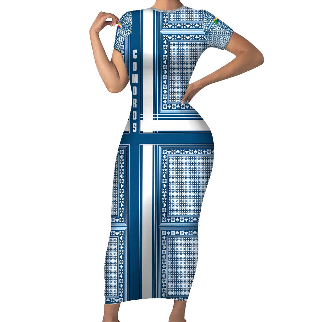 Comoros Short Sleeve Bodycon Dress with Blue and White Traditional Geometric Pattern and National Flag Detail