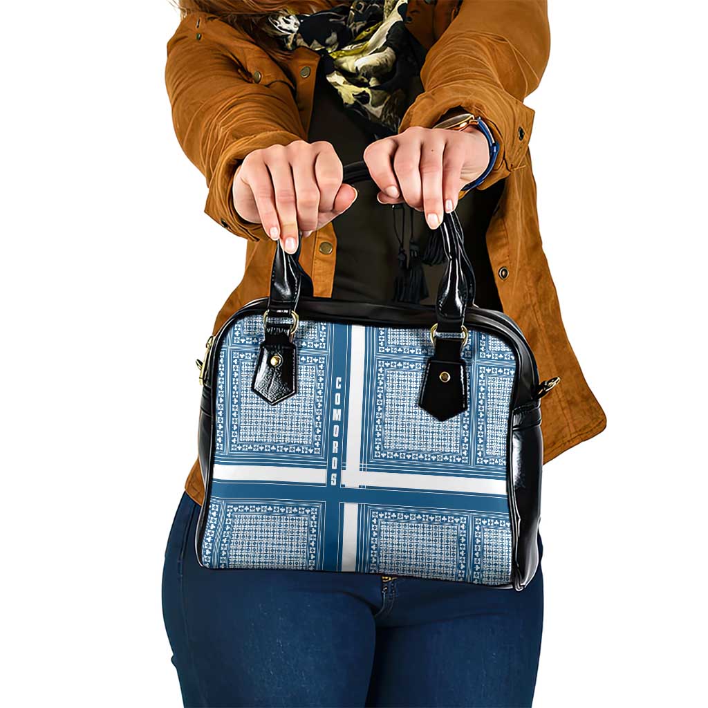 Comoros Shoulder Handbag with Blue and White Traditional Geometric Pattern and National Flag Detail