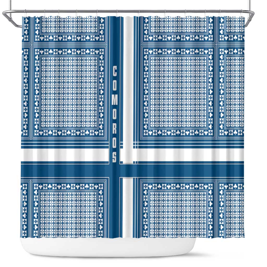 Comoros Shower Curtain with Blue and White Traditional Geometric Pattern and National Flag Detail