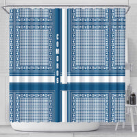 Comoros Shower Curtain with Blue and White Traditional Geometric Pattern and National Flag Detail