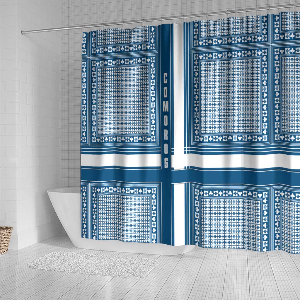 Comoros Shower Curtain with Blue and White Traditional Geometric Pattern and National Flag Detail