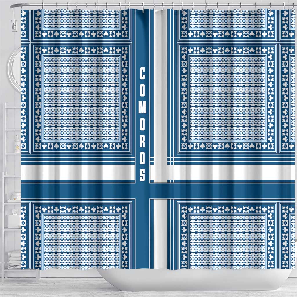 Comoros Shower Curtain with Blue and White Traditional Geometric Pattern and National Flag Detail