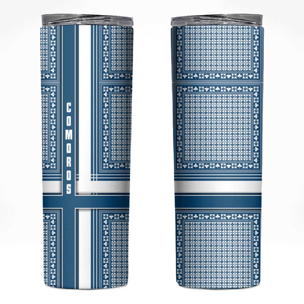 Comoros Skinny Tumbler with Blue and White Traditional Geometric Pattern and National Flag Detail