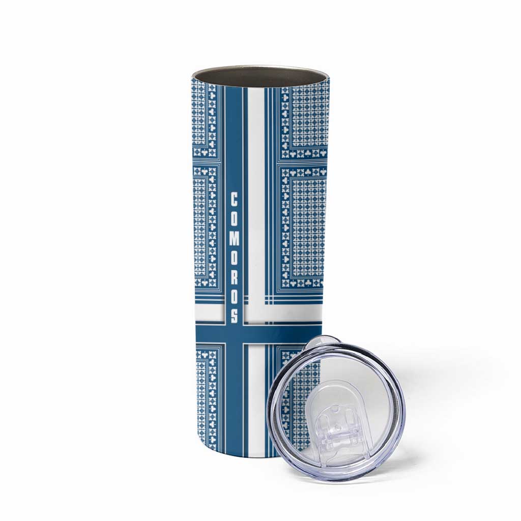 Comoros Skinny Tumbler with Blue and White Traditional Geometric Pattern and National Flag Detail