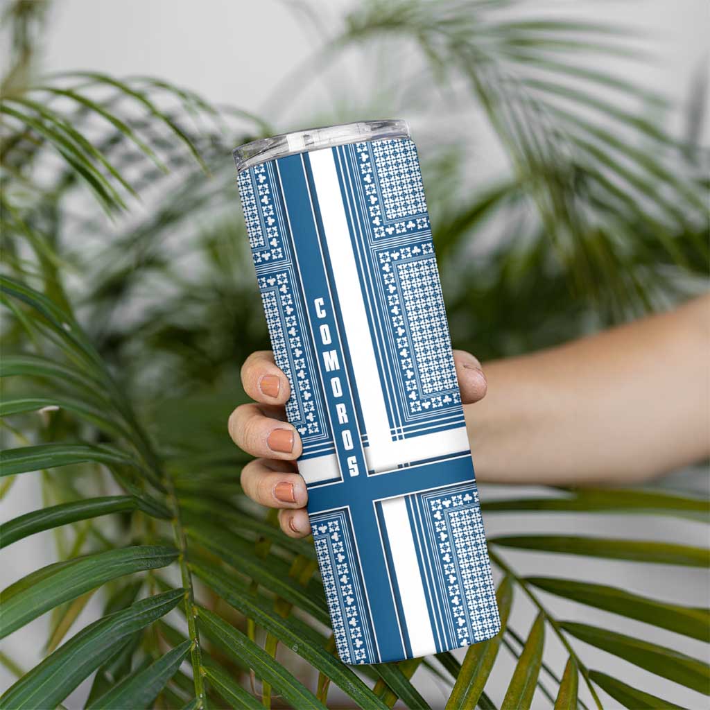Comoros Skinny Tumbler with Blue and White Traditional Geometric Pattern and National Flag Detail