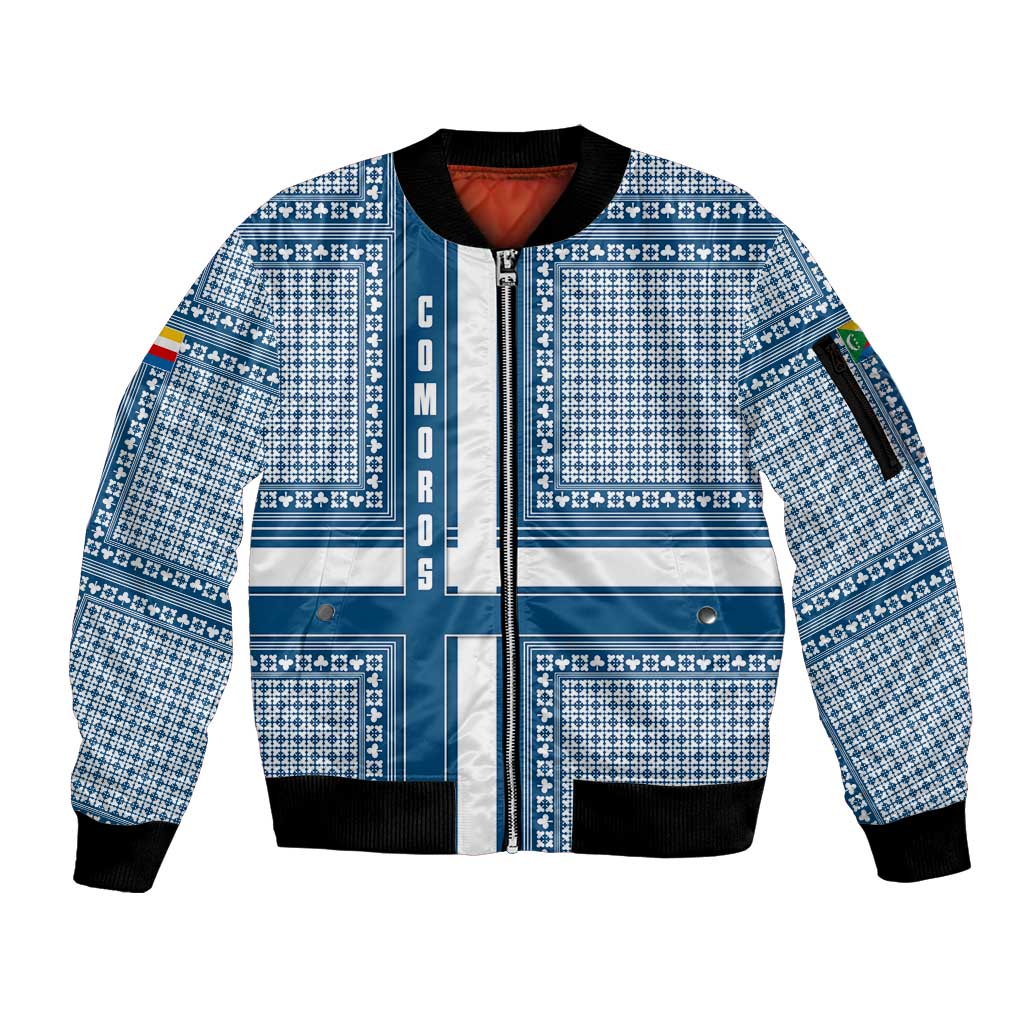 Comoros Sleeve Zip Bomber Jacket with Blue and White Traditional Geometric Pattern and National Flag Detail