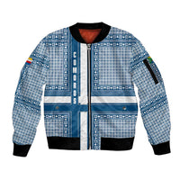 Comoros Sleeve Zip Bomber Jacket with Blue and White Traditional Geometric Pattern and National Flag Detail