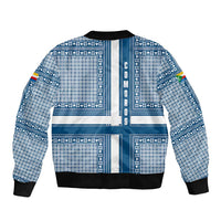 Comoros Sleeve Zip Bomber Jacket with Blue and White Traditional Geometric Pattern and National Flag Detail