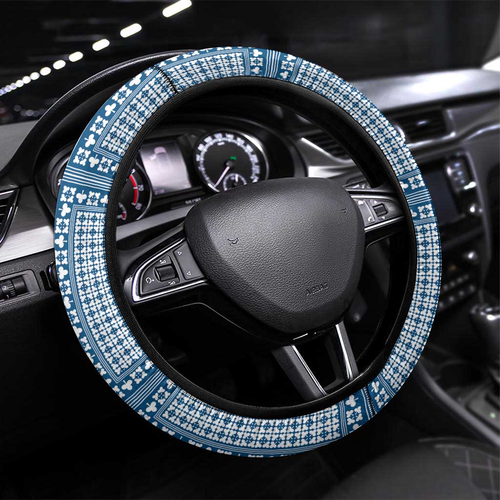 Comoros Steering Wheel Cover with Blue and White Traditional Geometric Pattern and National Flag Detail
