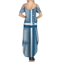 Comoros Summer Maxi Dress with Blue and White Traditional Geometric Pattern and National Flag Detail