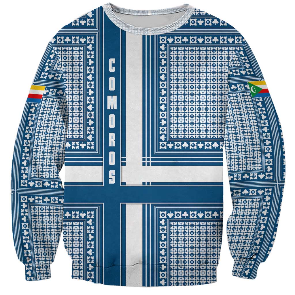Comoros Sweatshirt with Blue and White Traditional Geometric Pattern and National Flag Detail