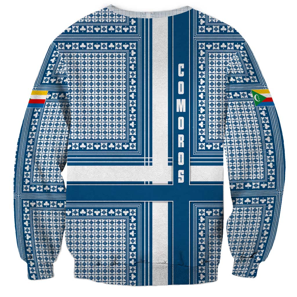 Comoros Sweatshirt with Blue and White Traditional Geometric Pattern and National Flag Detail