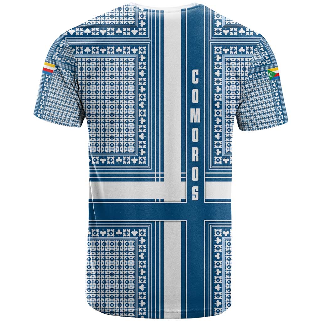 Comoros T Shirt with Blue and White Traditional Geometric Pattern and National Flag Detail