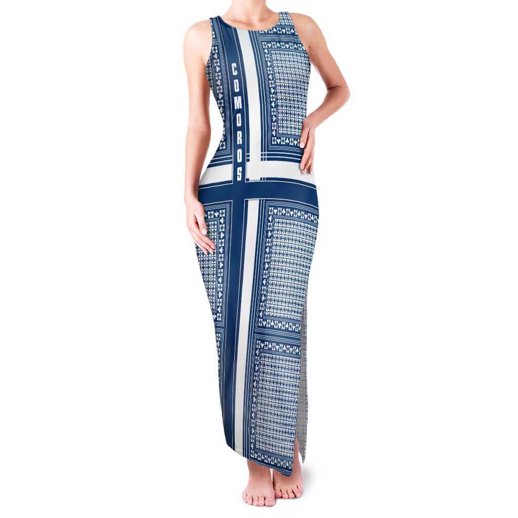 Comoros Tank Maxi Dress with Blue and White Traditional Geometric Pattern and National Flag Detail