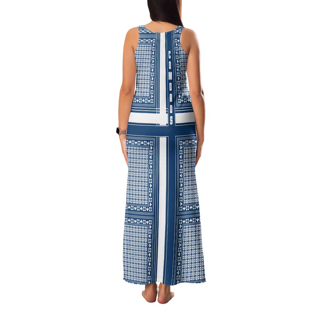 Comoros Tank Maxi Dress with Blue and White Traditional Geometric Pattern and National Flag Detail