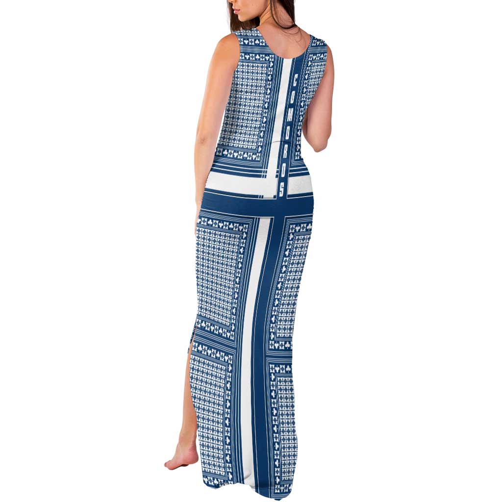 Comoros Tank Maxi Dress with Blue and White Traditional Geometric Pattern and National Flag Detail